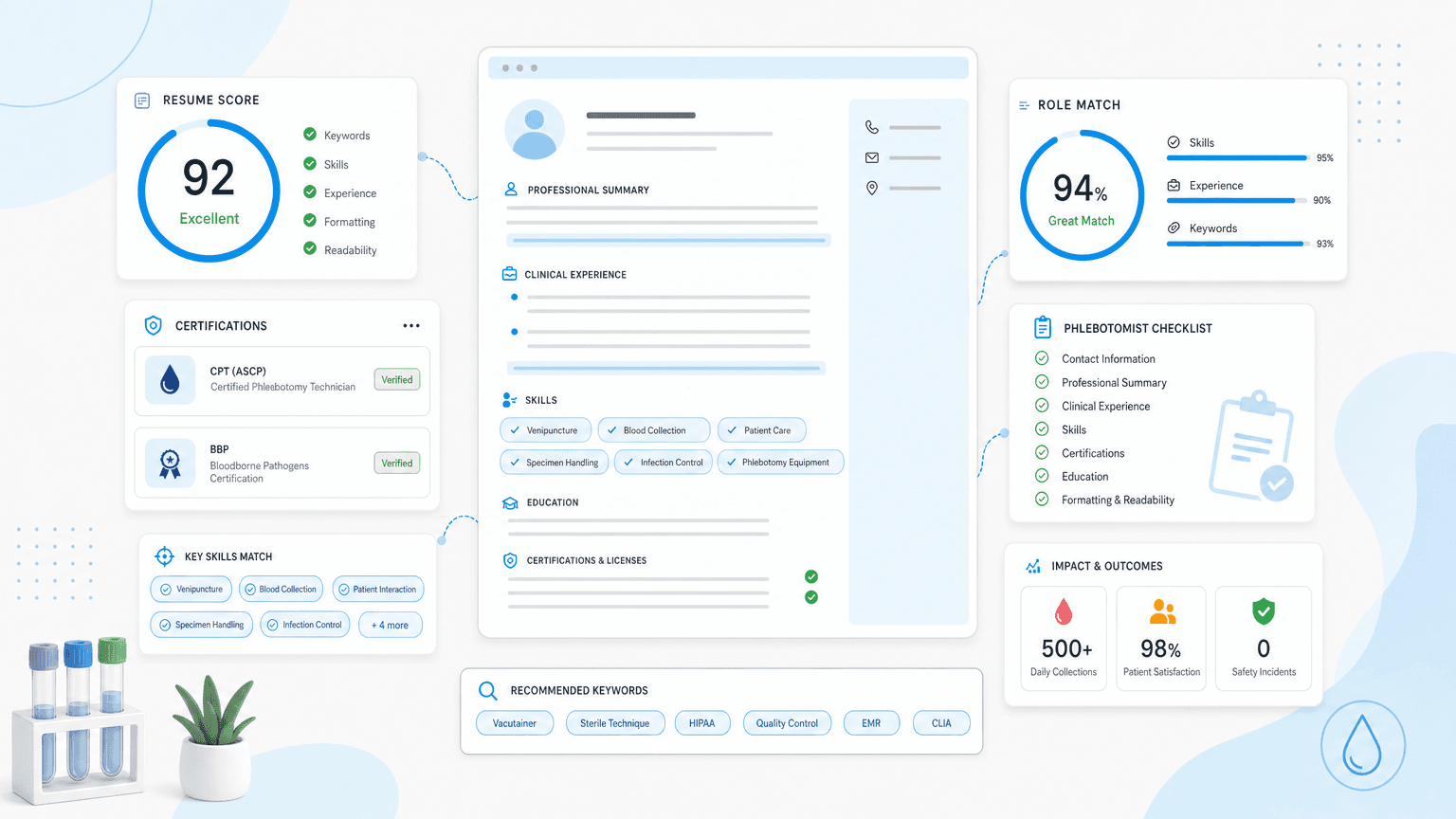 Phlebotomist Resume Sample & Examples for 2026 cover image showing a clean resume dashboard with certification cards, skills chips, outcome metrics, checklist modules.