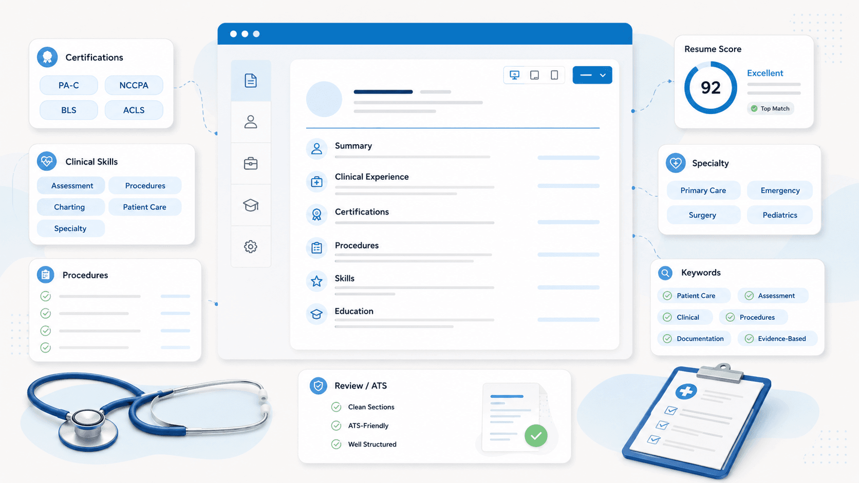 Physician assistant resume with certification badges, resume score cards, and a stethoscope in a clean SaaS-style layout.