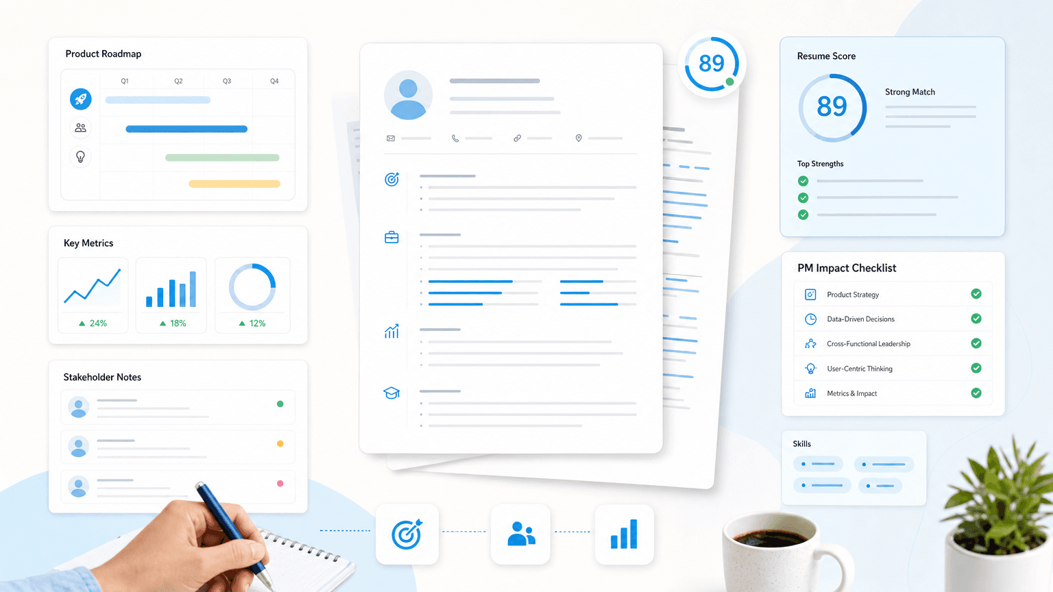 Clean resume dashboard showing a product manager resume with roadmap, metrics, stakeholder notes, impact checklist, and resume score panels.