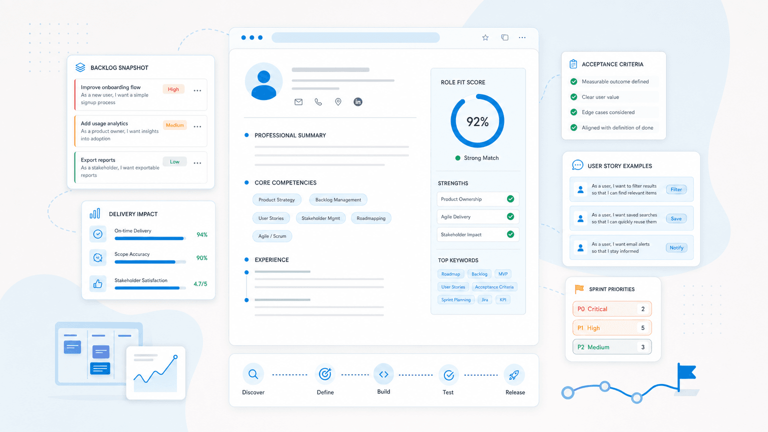 How to Write a Product Owner Resume (With Examples) cover image showing a clean resume dashboard with backlog cards, sprint priority chips, acceptance-criteria checklist, user-story modules.