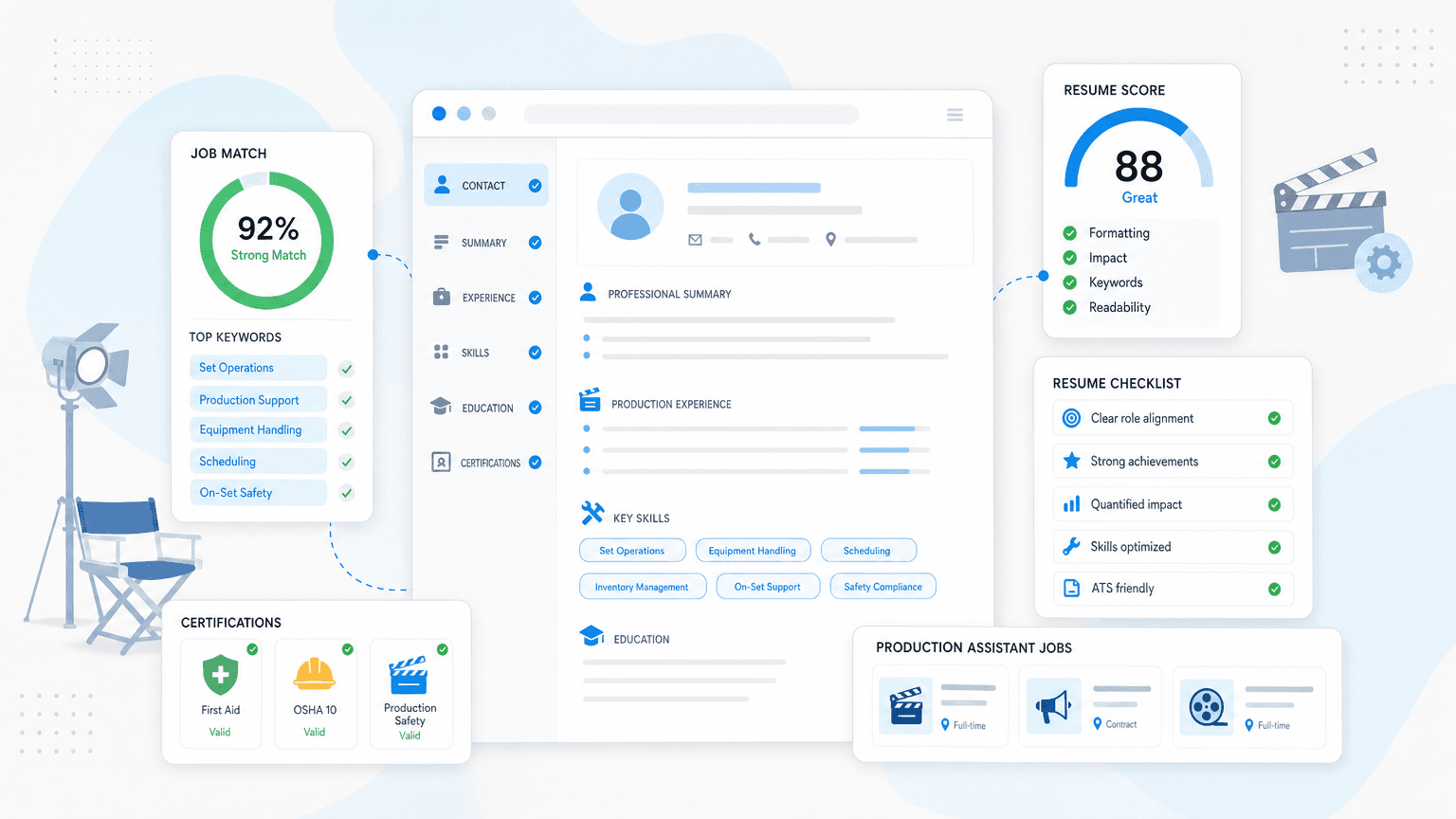 Production Assistant Resume: How to Write One That Works cover image showing a clean resume dashboard with certification cards, skills chips, outcome metrics, checklist modules.