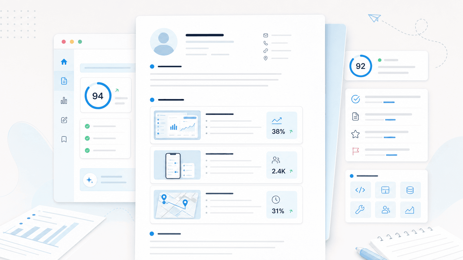 Resume projects section with portfolio cards, outcome metrics, and evaluation panels.