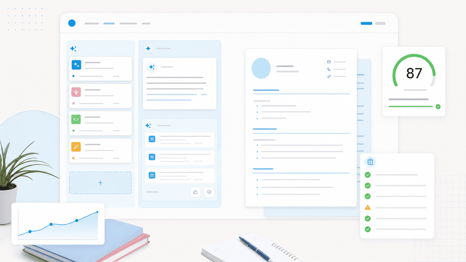 Abstract prompt-engineering resume dashboard with prompt cards, workflow panels, a resume preview, checklist, and resume score gauge.