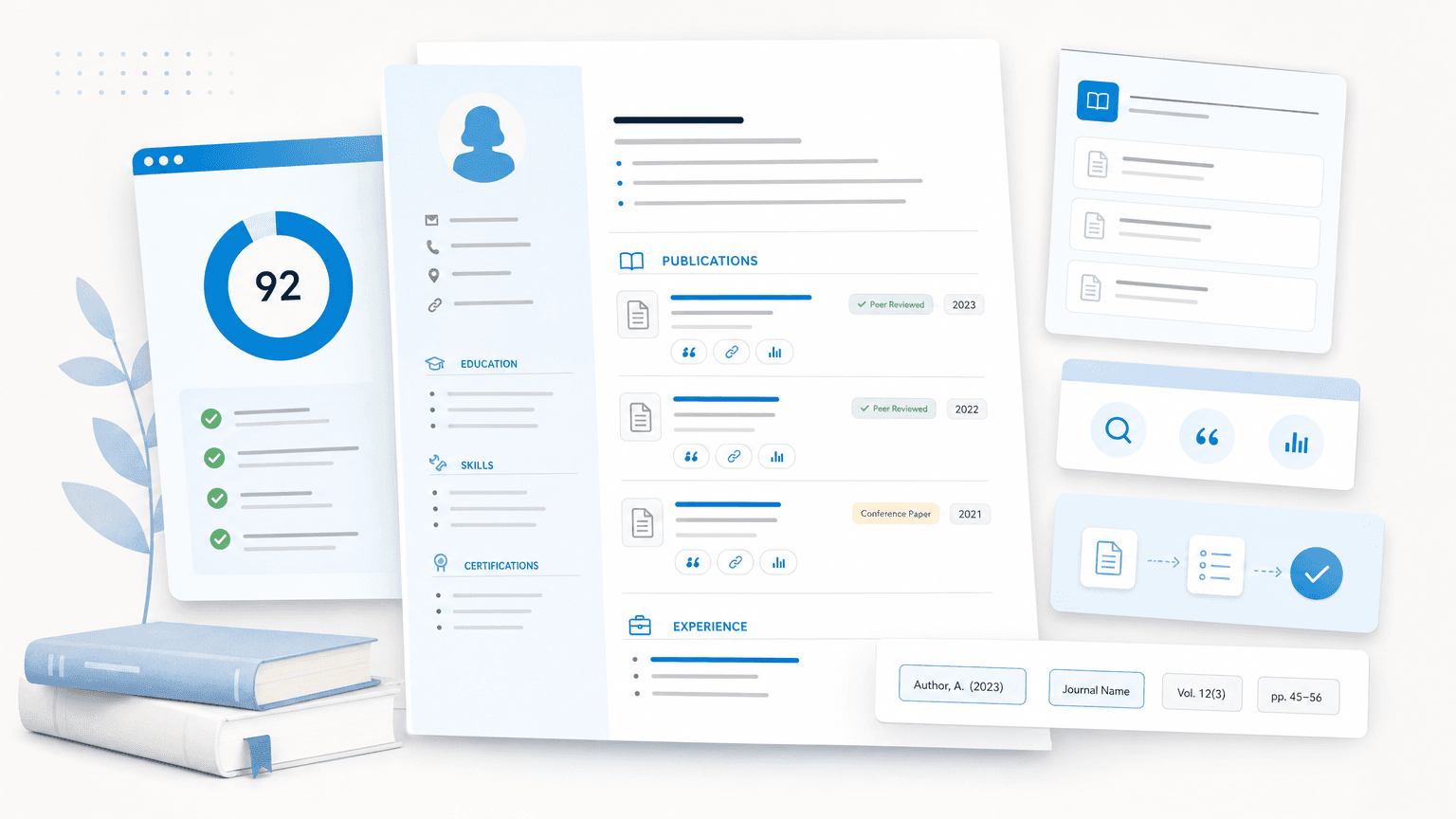 Resume publications section with journal entries, citation chips, and academic review panels.