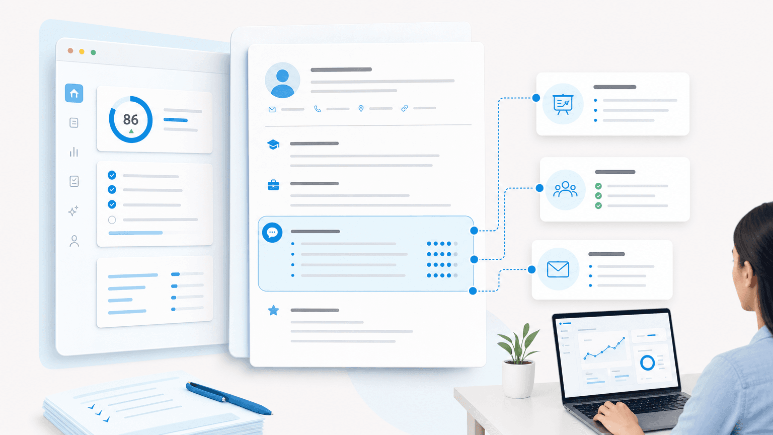 Resume communication skills section connected to presentation, stakeholder, and message cards.