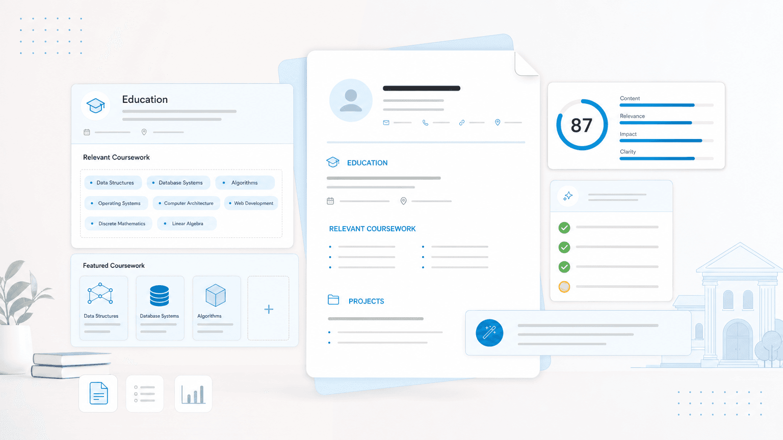 Education resume section with relevant coursework chips, class cards, and resume scoring panels.