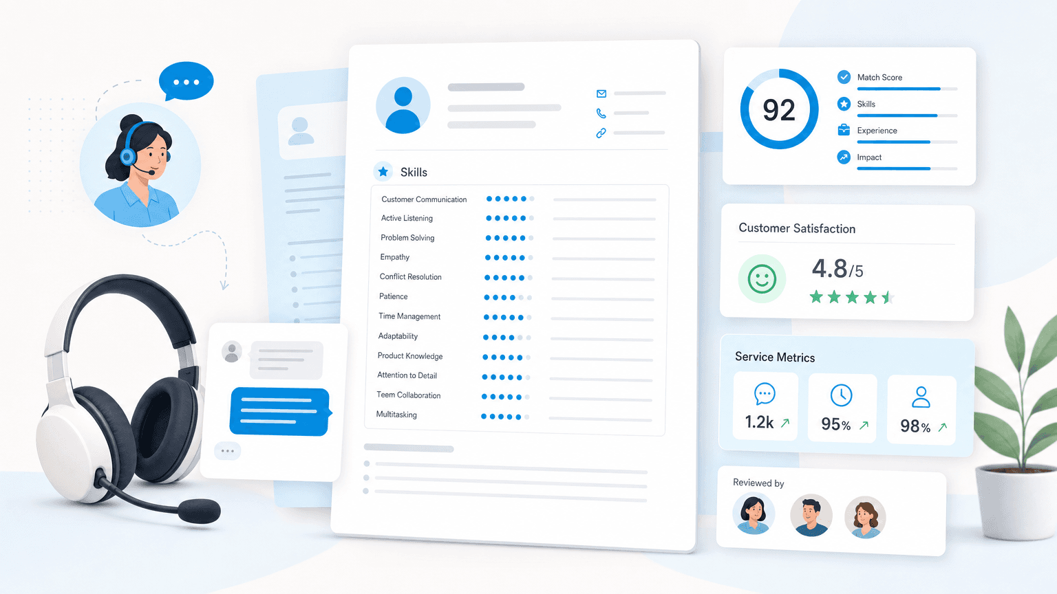 Customer service resume skills dashboard with headset, chat card, satisfaction score, and service metrics.