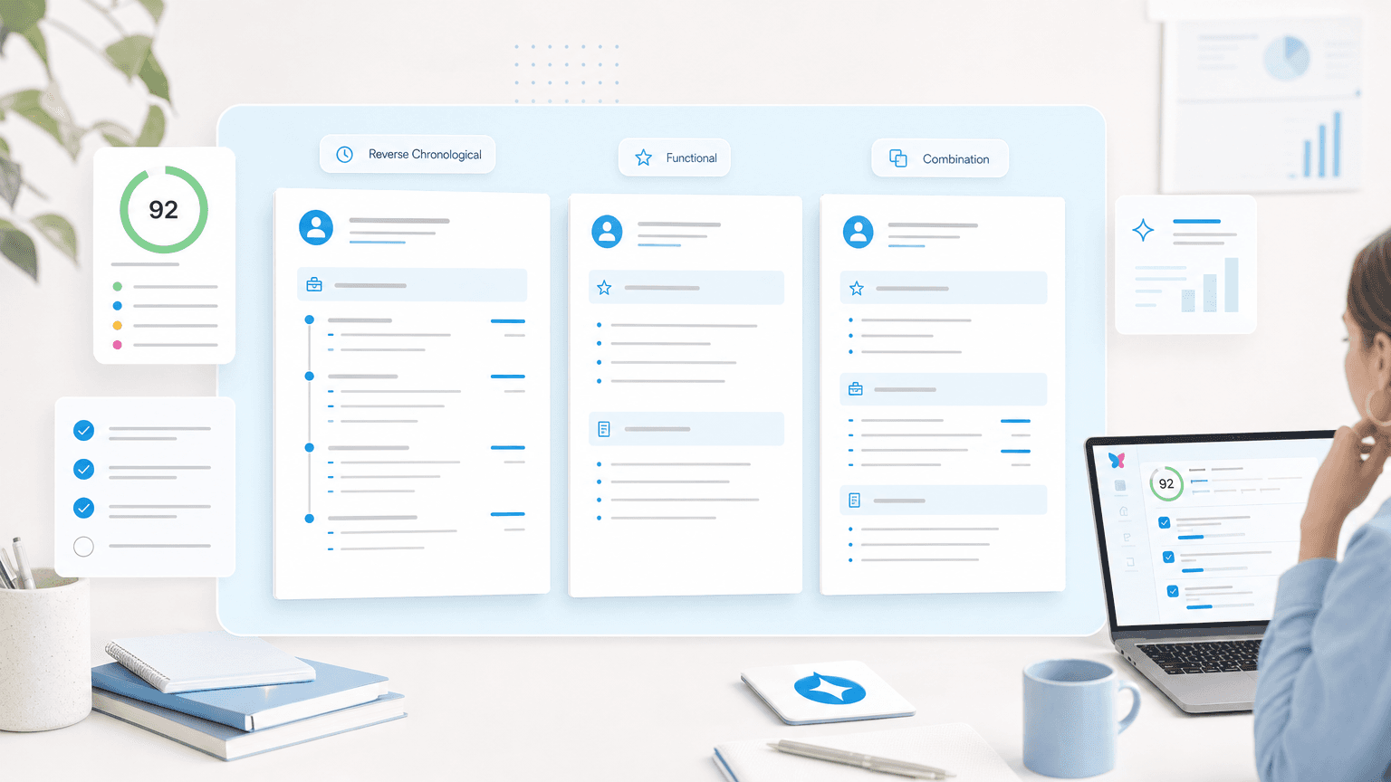 Three resume format layouts shown as clean document cards with score panels and checklist UI.