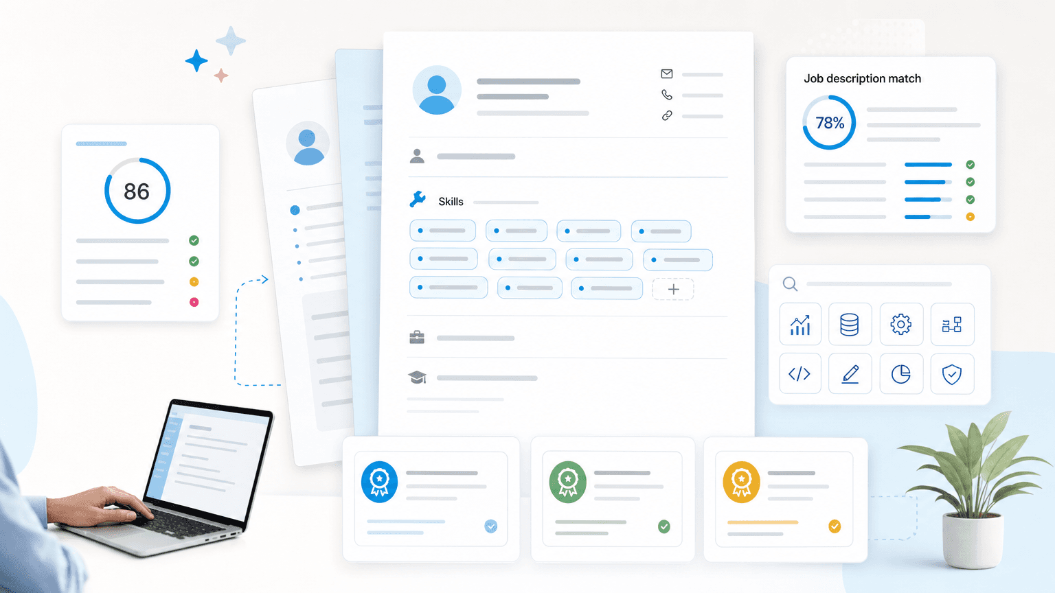 Resume hard skills section with tool chips, certification cards, and a job-description match score panel.