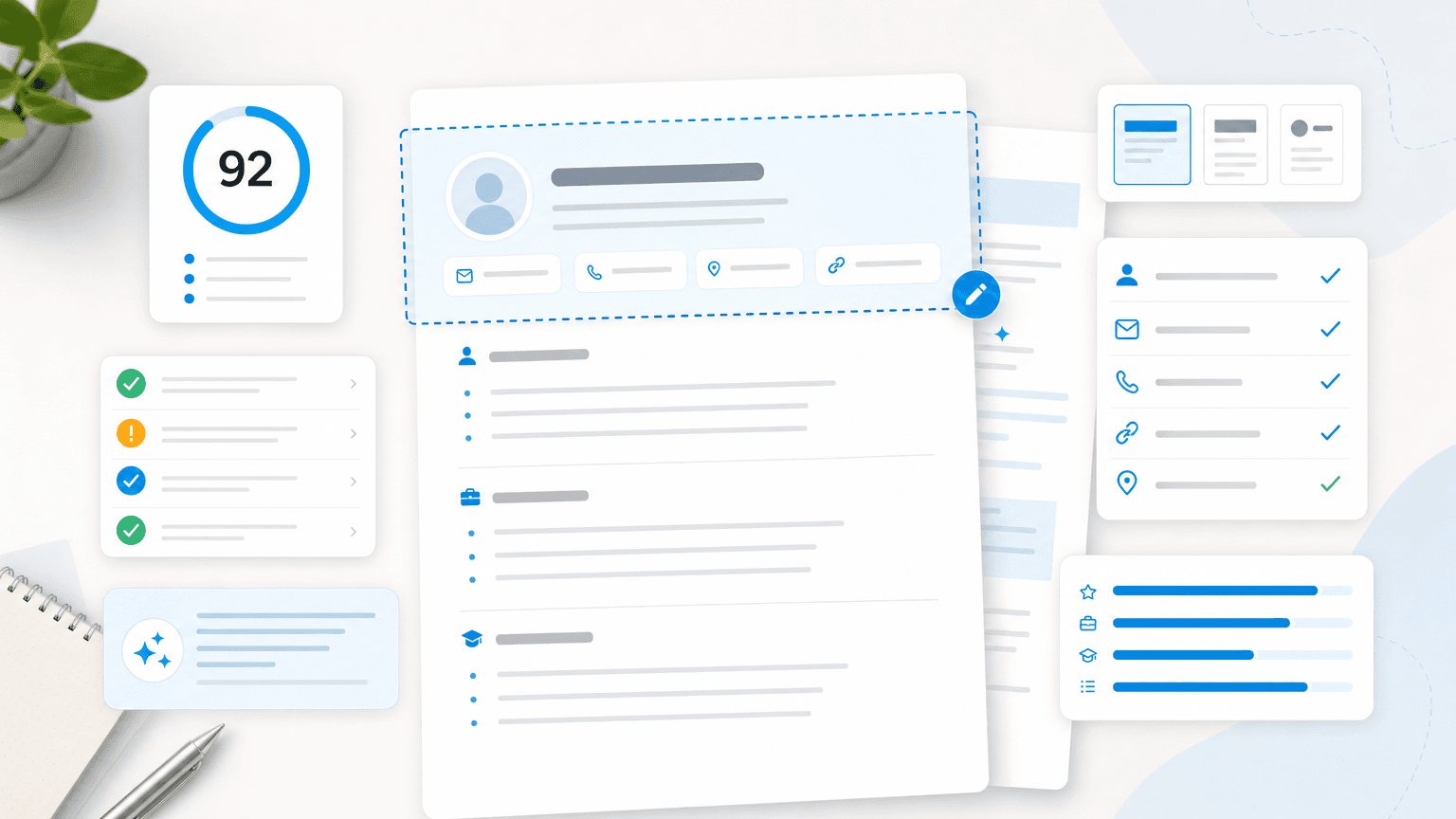Resume header review interface with highlighted contact details, profile score, and checklist panels.
