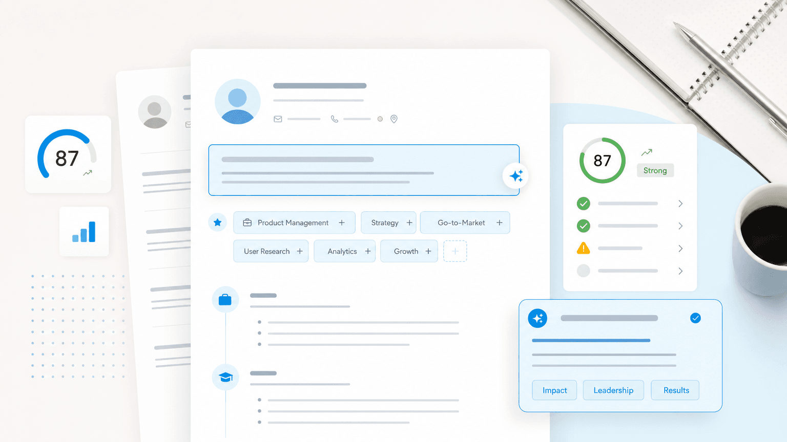 Resume headline section being refined with role keyword chips, a score card, and checklist feedback panels.