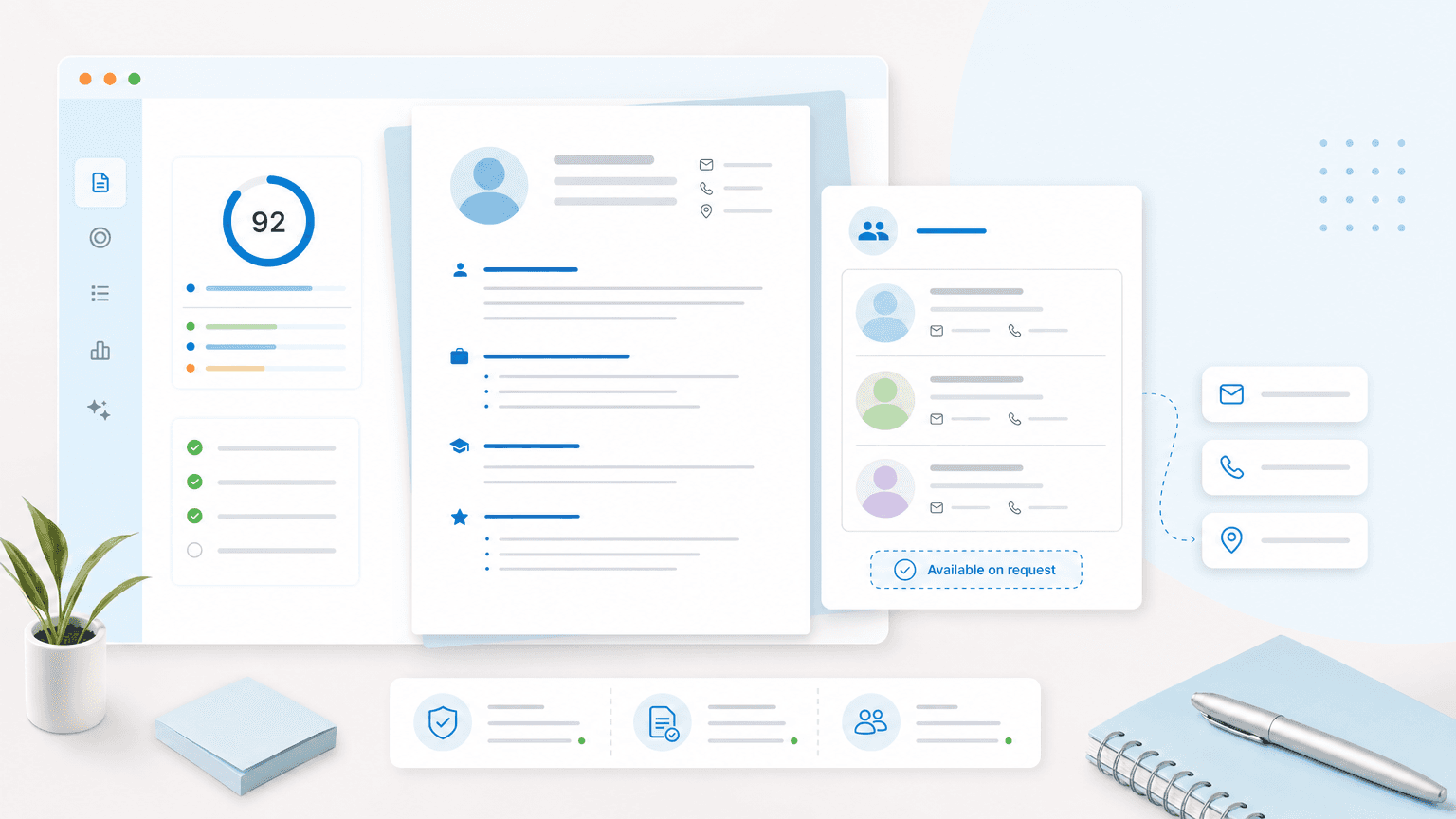 Resume document shown beside a separate reference list card with contact chips and an available-on-request note.