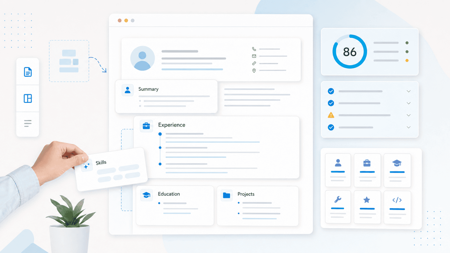 Modular resume sections arranged as editable cards for summary, experience, skills, education, and projects.
