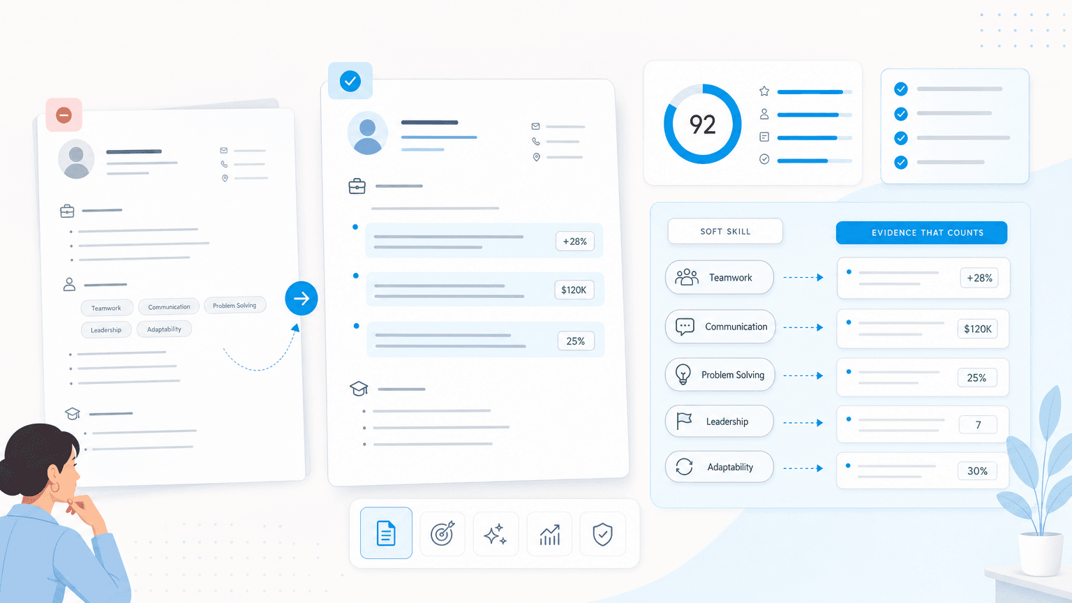 Resume UI translating soft skill chips into quantified evidence cards.