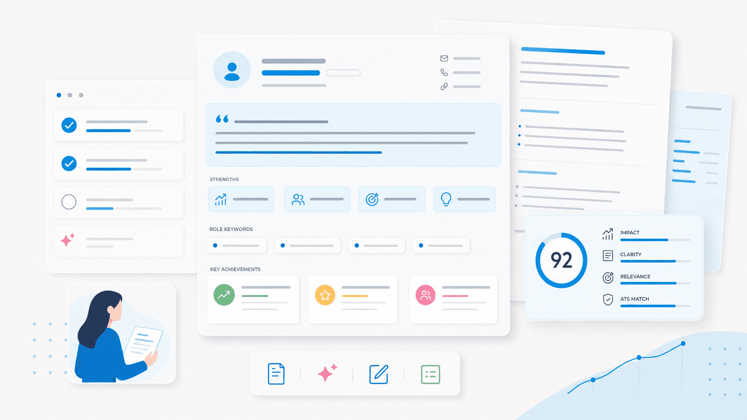 Professional summary section shown with strengths, role keywords, achievements, and resume score feedback.