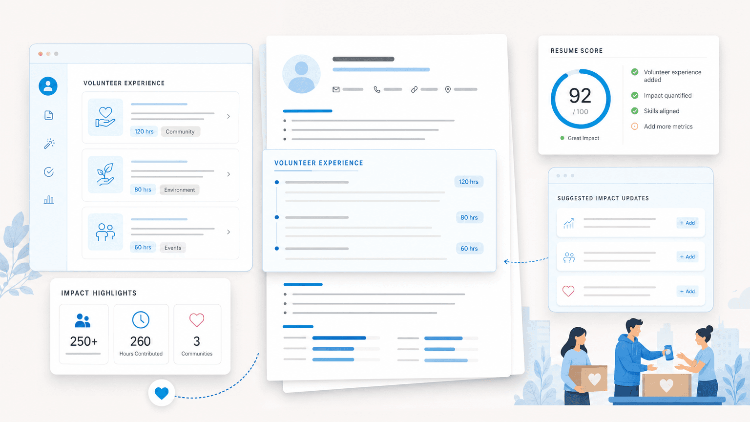 Resume volunteer experience section with impact metrics, hours, and community contribution cards.
