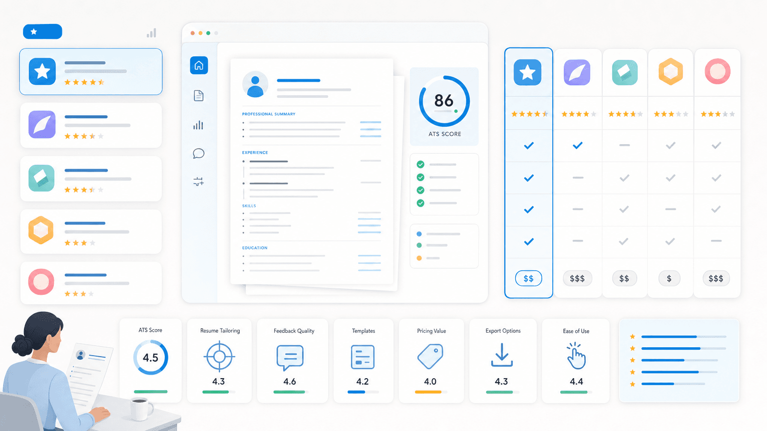 Resume review comparison dashboard with scorecards, ratings, and alternative tool options around a resume preview.