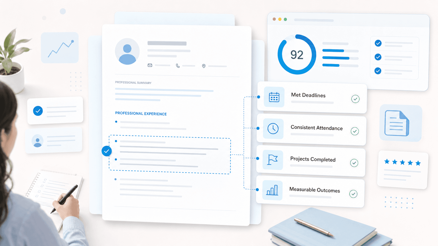 Resume bullet section connected to proof cards for deadlines, attendance, completed projects, and measurable outcomes.