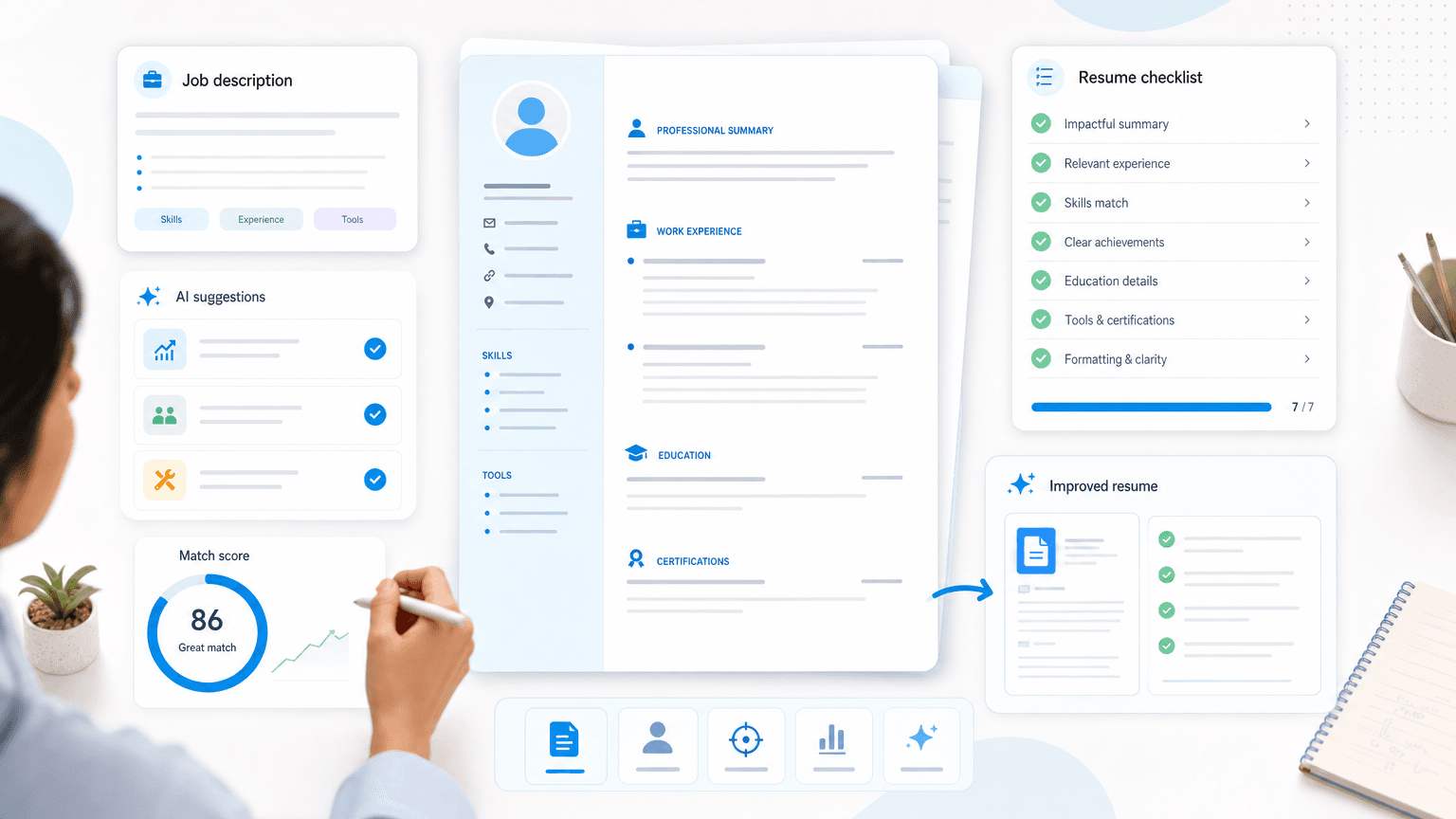 Resume-writing workspace with job description, AI suggestions, checklist, match score, and improved resume preview.