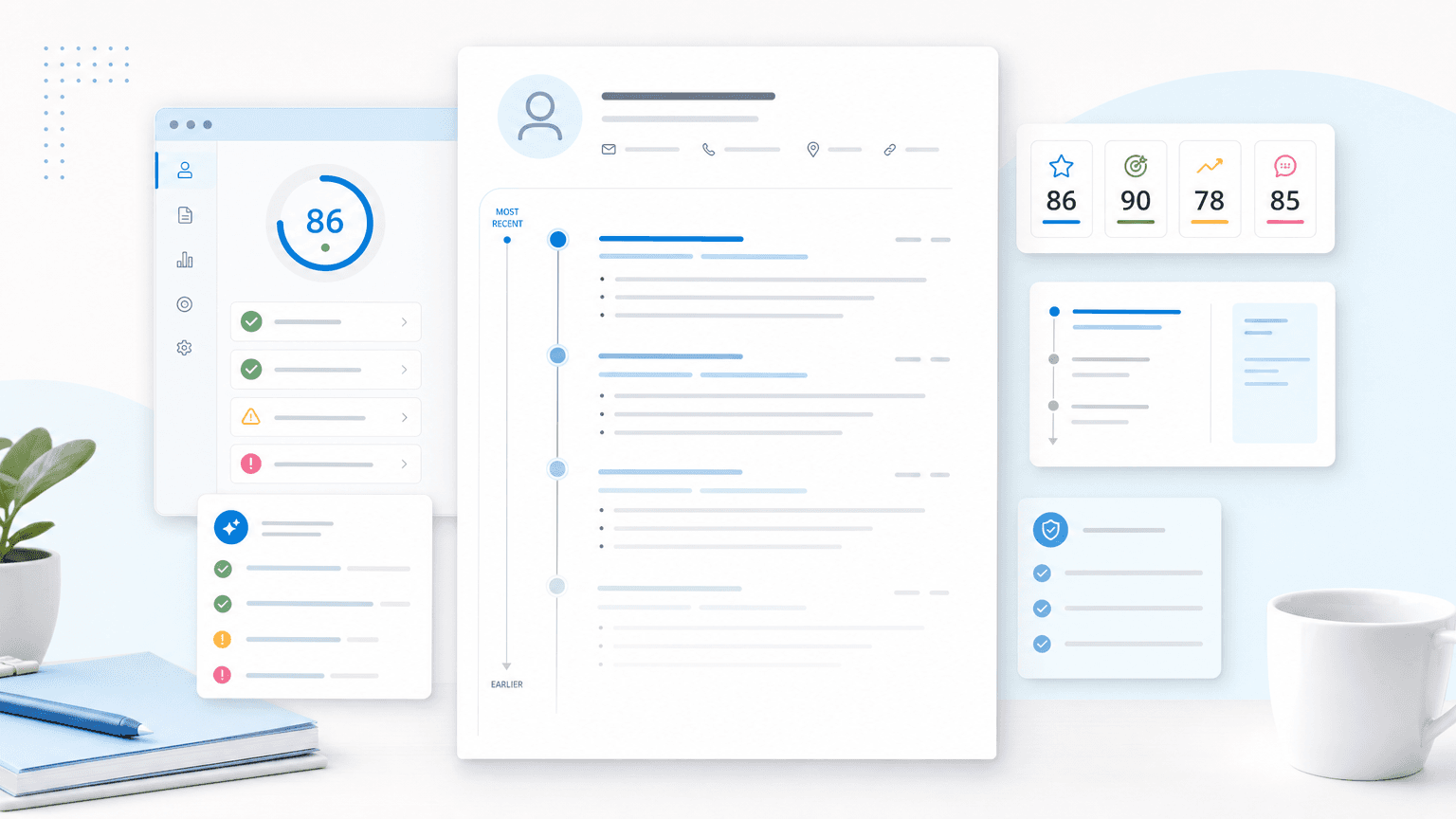 Resume document with a vertical career timeline highlighting recent roles at the top and older experience fading below.