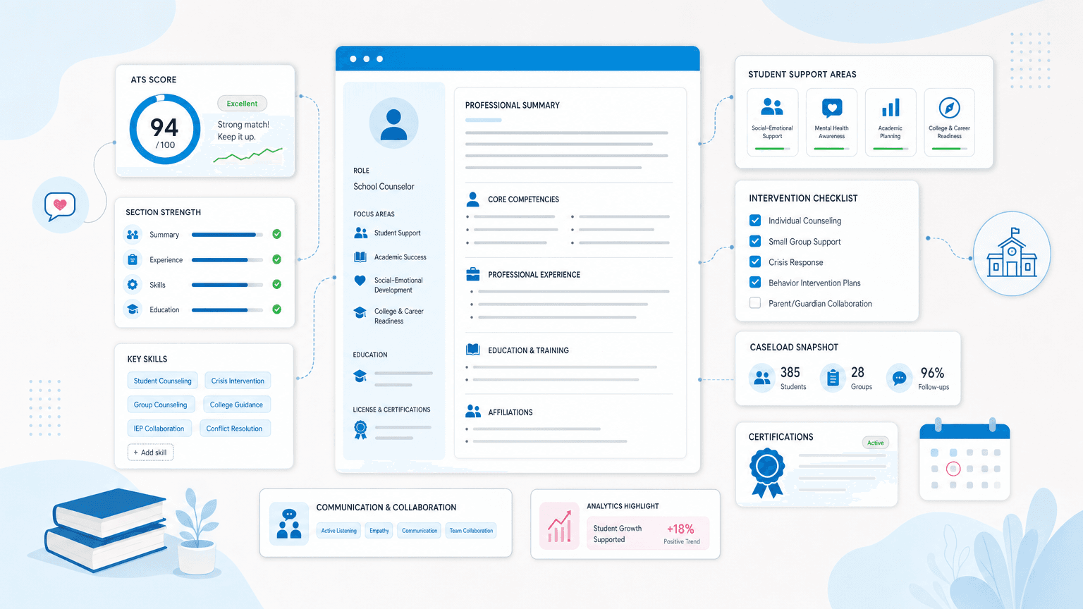 How to Write a School Counselor Resume (With Examples) cover image showing a clean resume dashboard with student-support cards, certification badge, intervention checklist, caseload metrics.