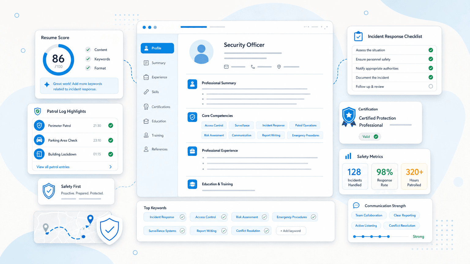Security Officer Resume Examples That Get Interviews cover image showing a clean resume dashboard with patrol log cards, incident response checklist, certification badge, safety metrics.