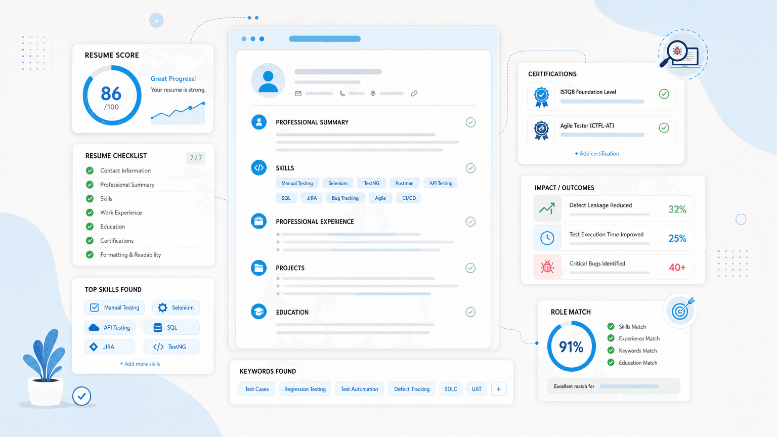 Software Tester Resume: How to Write One That Works cover image showing a clean resume dashboard with certification cards, skills chips, outcome metrics, checklist modules.