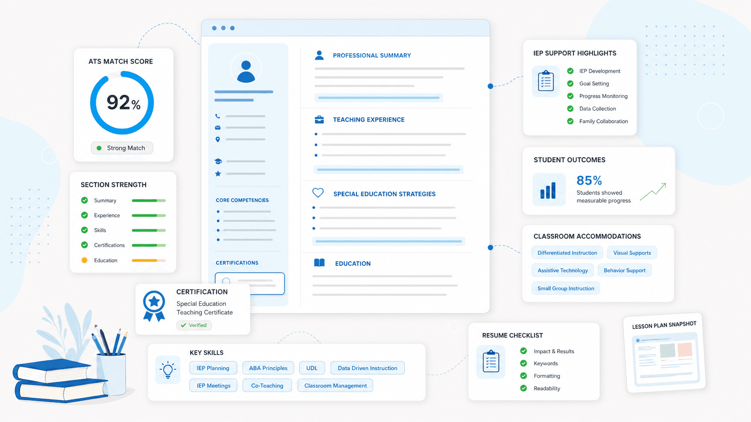 Special Education Teacher Resume: Examples & Guide cover image showing a clean resume dashboard with iep support cards, certification badge, student-outcomes checklist, classroom accommodation chips.