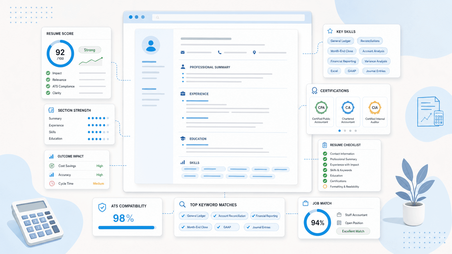 Staff Accountant Resume: How to Write One That Works cover image showing a clean resume dashboard with certification cards, skills chips, outcome metrics, checklist modules.