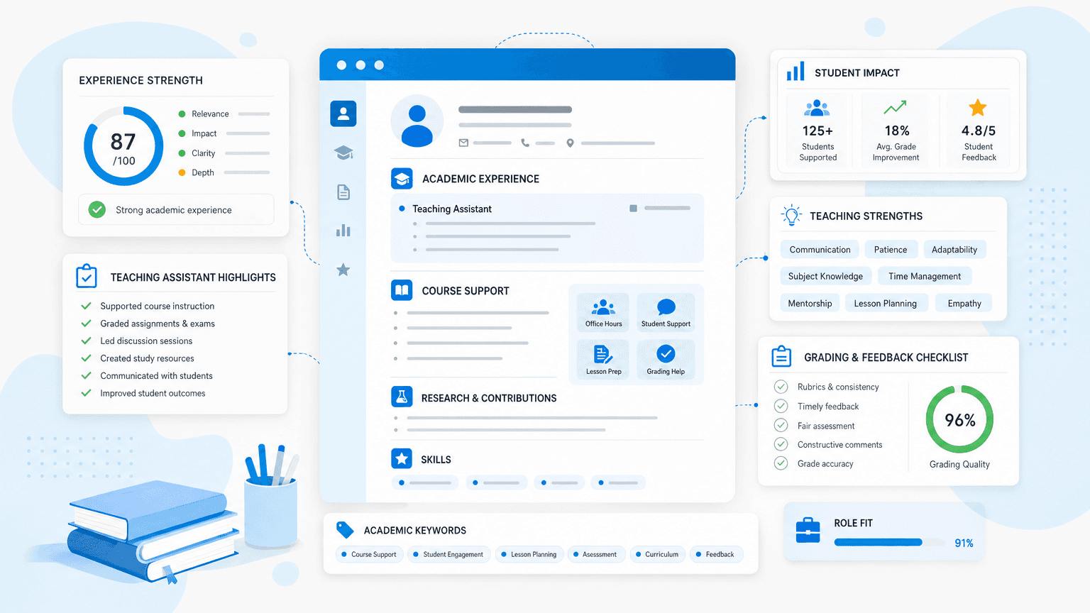 Teaching Assistantship Resume: How to Write One That Works cover image showing a clean resume dashboard with course-support cards, grading checklist, research/lesson chips, student outcome metrics.