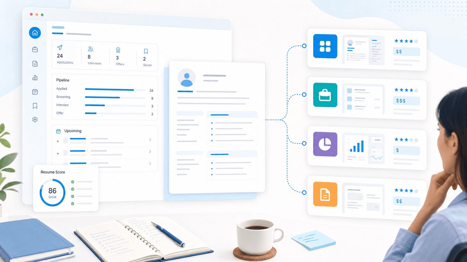 A job-tracking dashboard branches into alternative tool cards with resume, pipeline, score, and pricing panels.