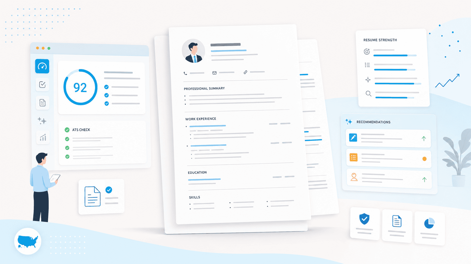US-format resume with ATS checks, score panels, and optimization recommendations.
