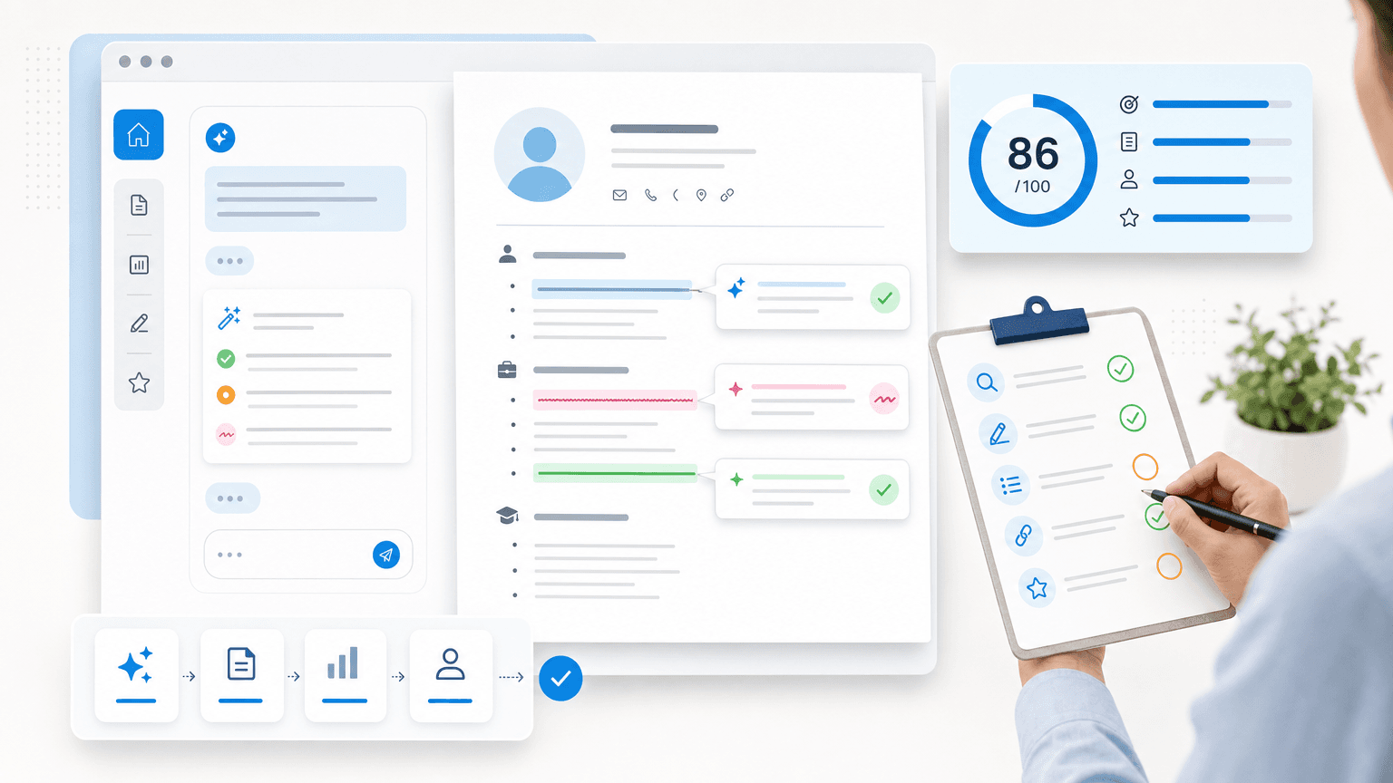 Resume review workspace with chat-style suggestions, highlighted bullet edits, a score card, and a human checklist.