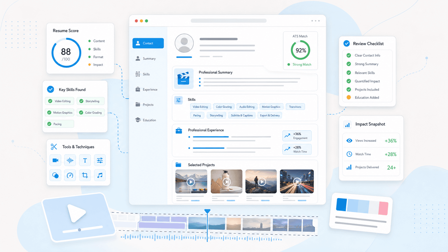 How to Write a Video Editor Resume (With Examples) cover image showing a clean resume dashboard with timeline cards, portfolio thumbnails, software-neutral editing skill chips, project outcome metrics.