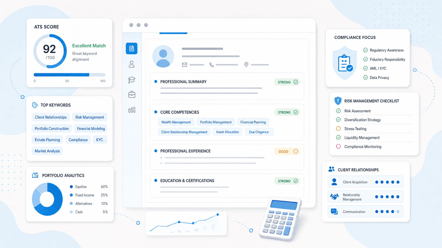 Wealth Management Resume Keywords: The Full List cover image showing a clean resume dashboard with portfolio analytics card, compliance badge, client relationship chips, risk checklist.