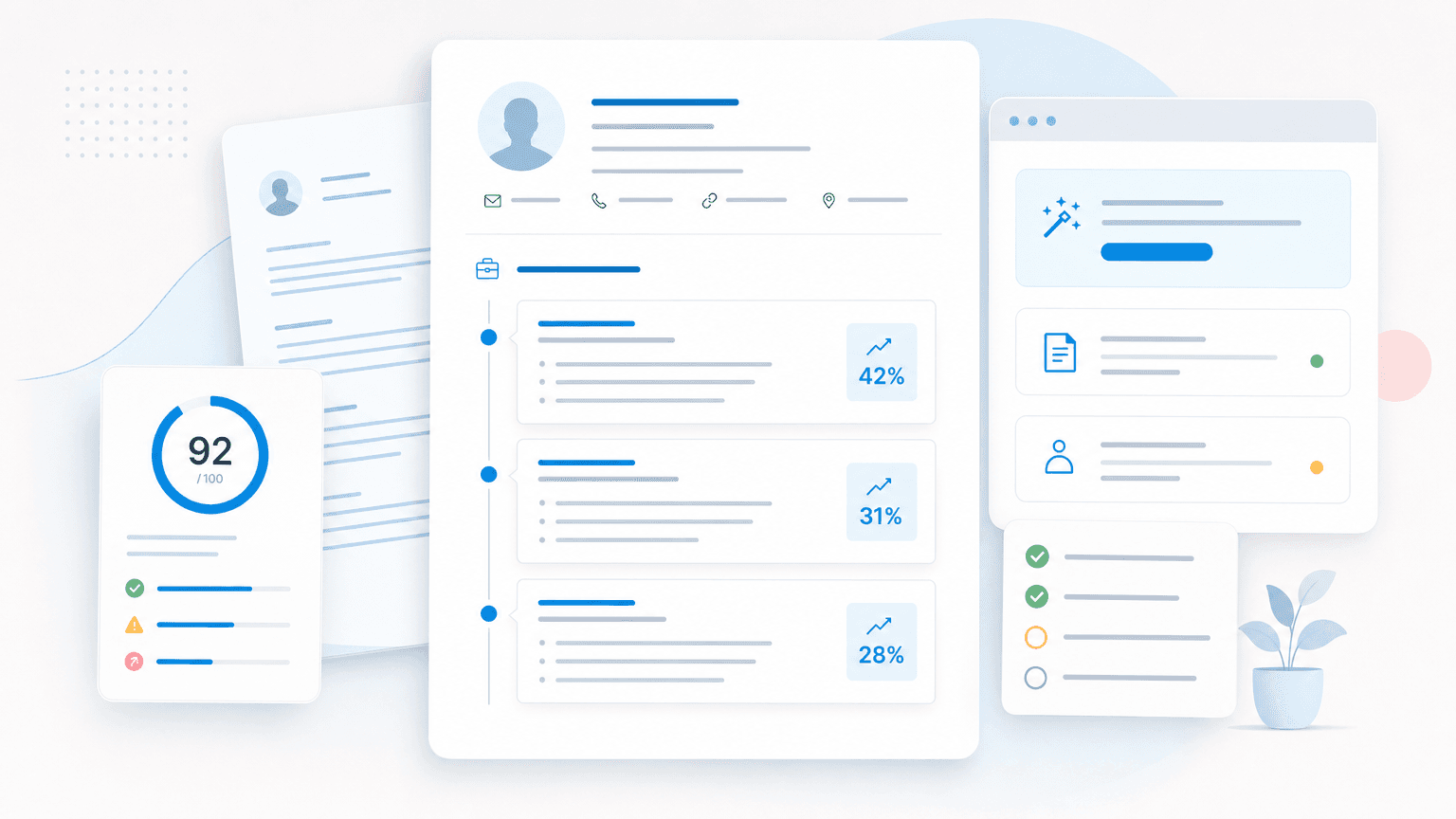 Resume work experience section with role timeline cards, score feedback, and quantified improvement metrics.