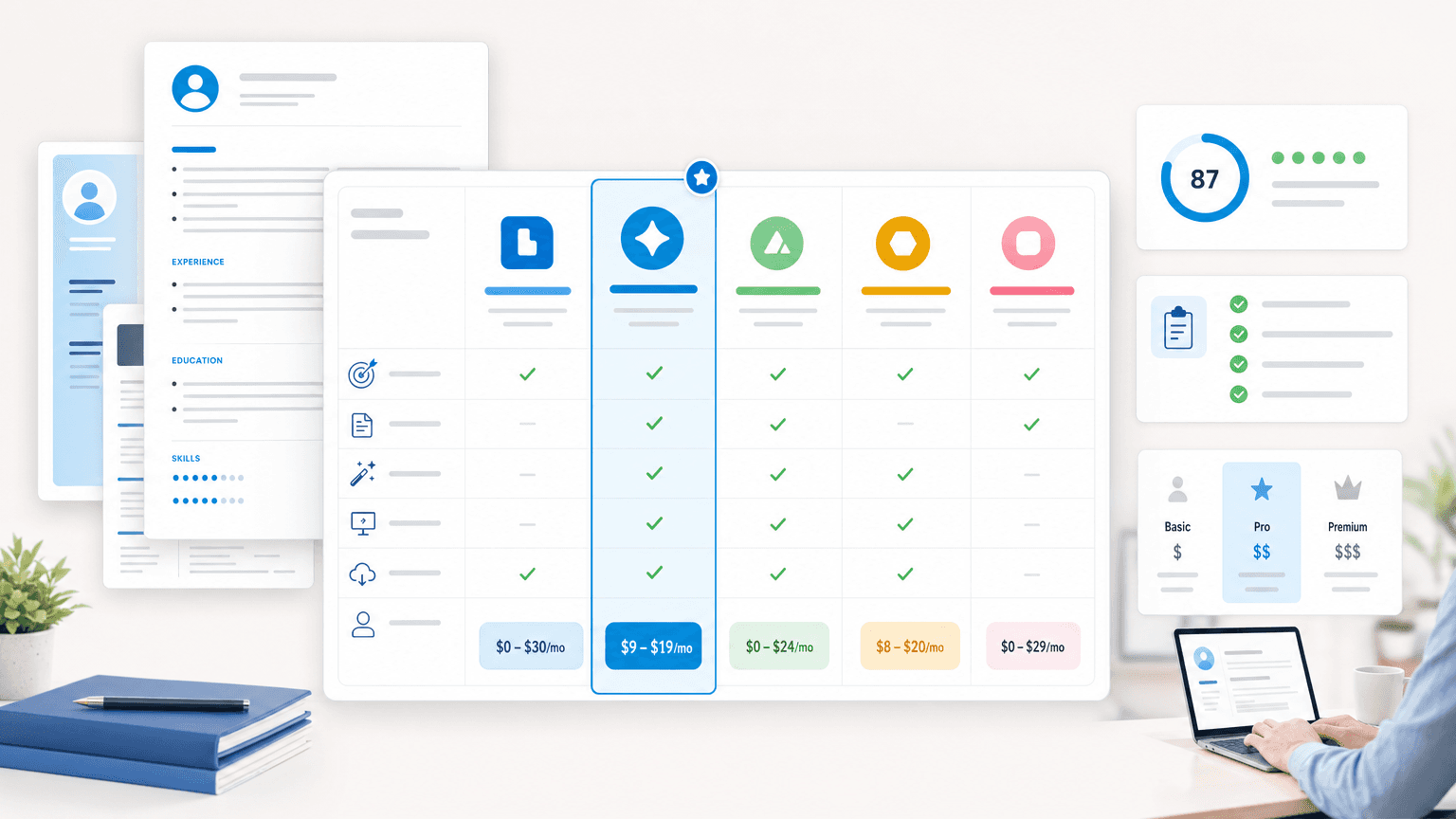 A resume-builder comparison matrix highlights feature checks, pricing ranges, score cards, and resume template panels.