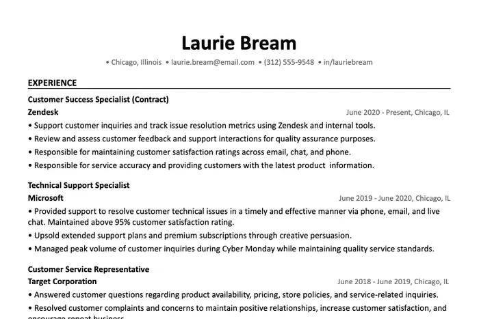 Customer Success Resume example, Word template version