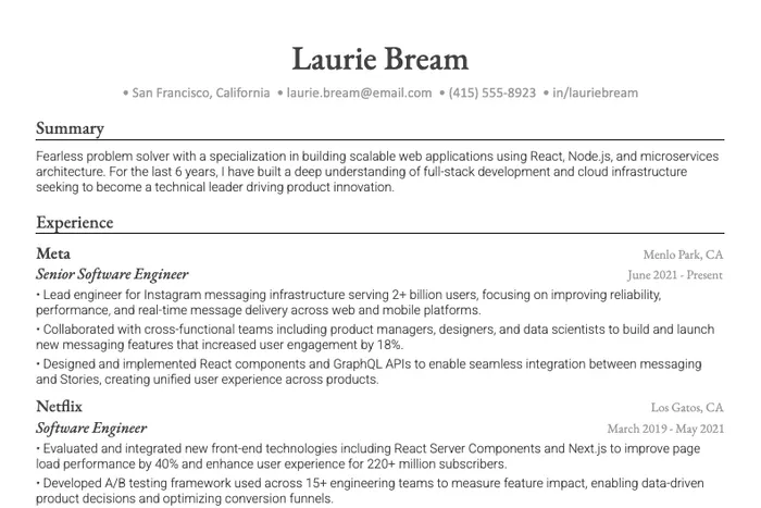 FAANG Resume Template example, Word template version