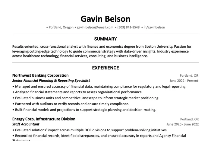 Finance Resume Template example, Word template version