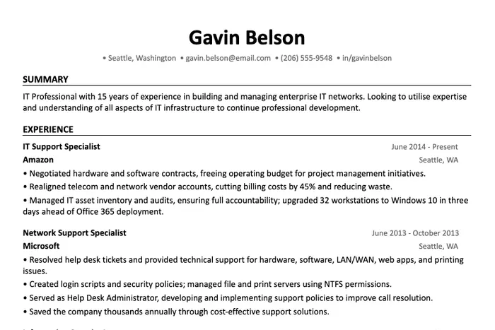 IT Resume Template example, Word template version