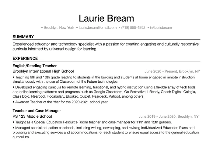 Teacher Resume Template example, Word template version