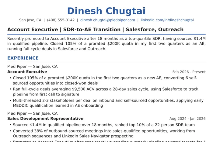 Account Executive Resume example, Entry-Level / SDR-to-AE version