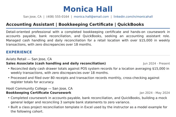 Accounting Assistant Resume example, Entry-Level version