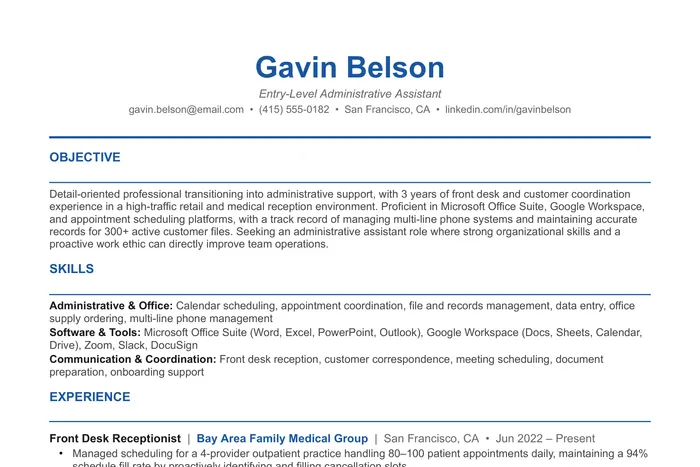 Administrative Assistant Resume example, Entry-Level version