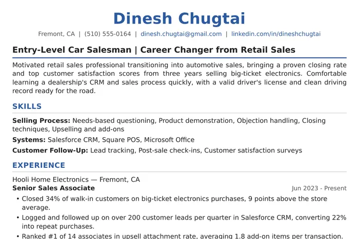 Car Salesman Resume example, Entry-Level version