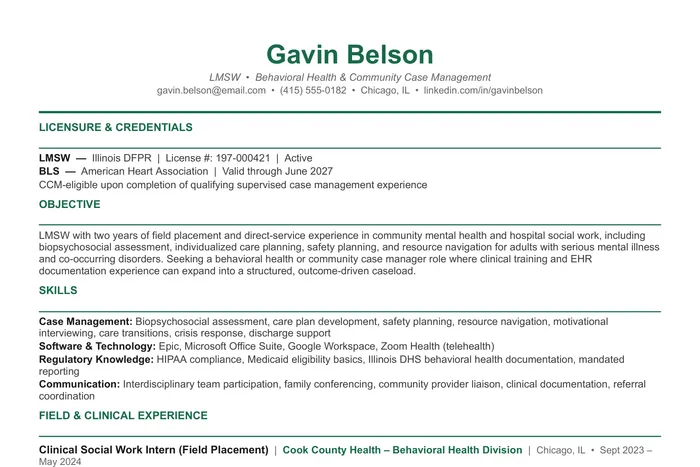 Case Manager Resume example, Entry-Level version