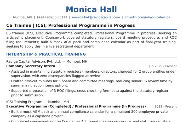 Company Secretary Resume example, Entry-Level / Trainee version