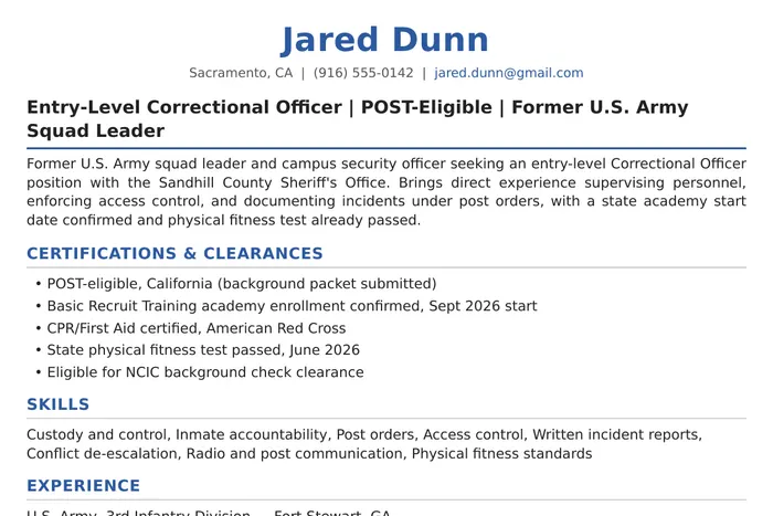 Correctional Officer Resume example, Entry-Level version