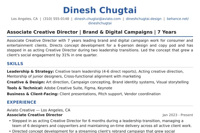 Creative Director Resume example, Associate Creative Director version